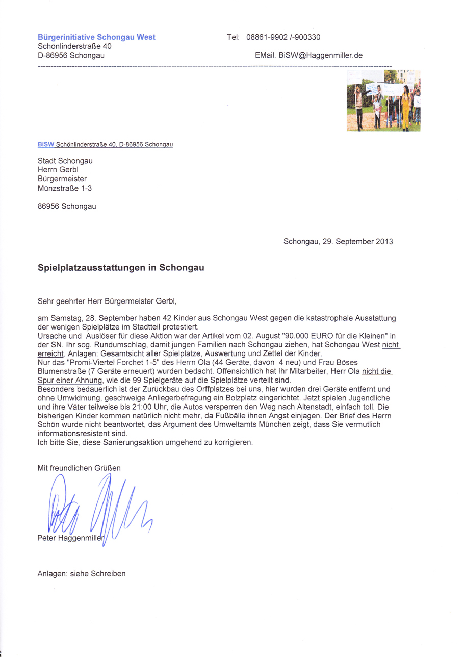 Schreiben an den Bürgermeister "Spielplatzausstattungen in Schongau"