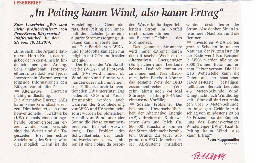 Leserbrief "In Peiting kaum Wind, also kaum Ertrag"